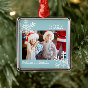 Custom Photo Aqua Blue Ornament with Snowflakes