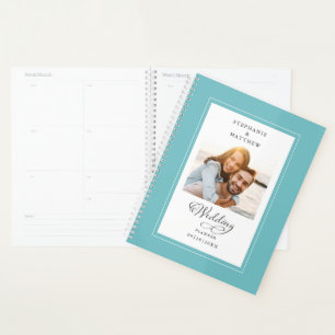Custom Photo Aqua White Wedding Elegant Script Planner