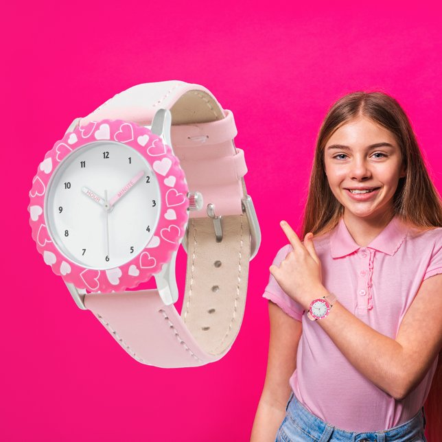 Custom Photo Art Name Bezel with Pink Hearts Kids Watch (Creator Uploaded)