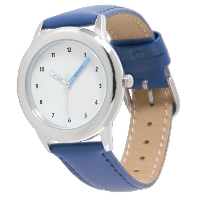 Custom Photo Art Stainless Steel Blue Leather Kids Watch (Angled)