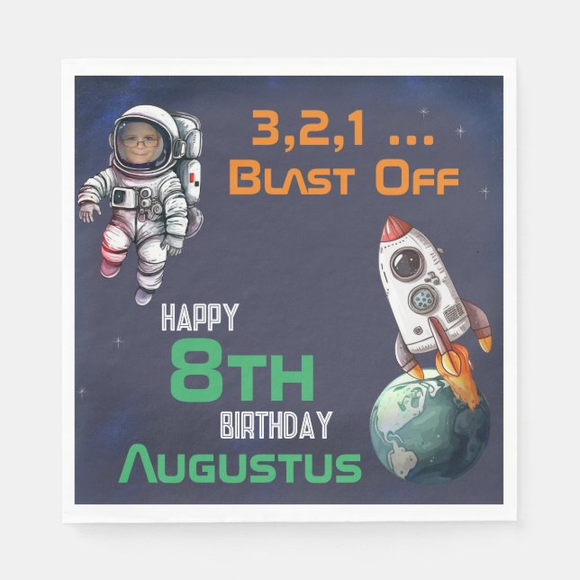 Custom Photo Astronaut in Outer Space Birthday Napkin (Front)