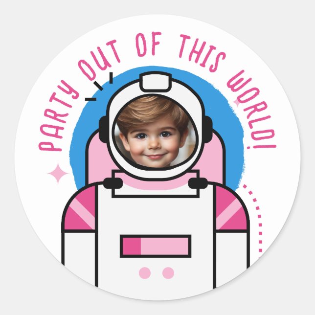 Custom Photo Astronaut Party Out of This World Classic Round Sticker (Front)