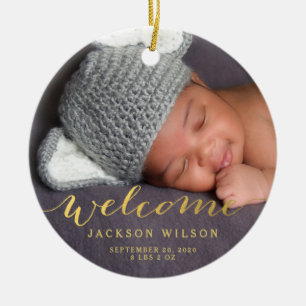 Custom Photo Baby Birth Announcement Gold Script Ceramic Tree Decoration