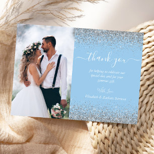 Custom Photo Baby Blue Silver Glitter Wedding Thank You Card
