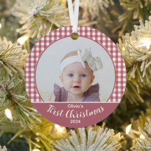 Custom Photo Baby Girl's First Christmas Rose Gold Metal Tree Decoration