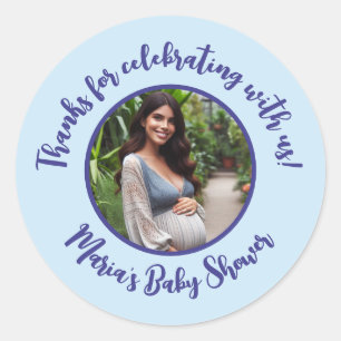 Custom Photo Baby Shower Modern Script Thank You Classic Round Sticker
