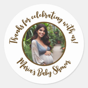 Custom Photo Baby Shower Modern Script Thank You Classic Round Sticker