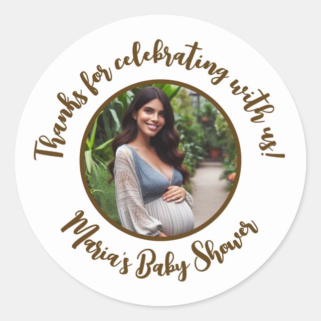 Custom Photo Baby Shower Modern Script Thank You Classic Round Sticker (Front)