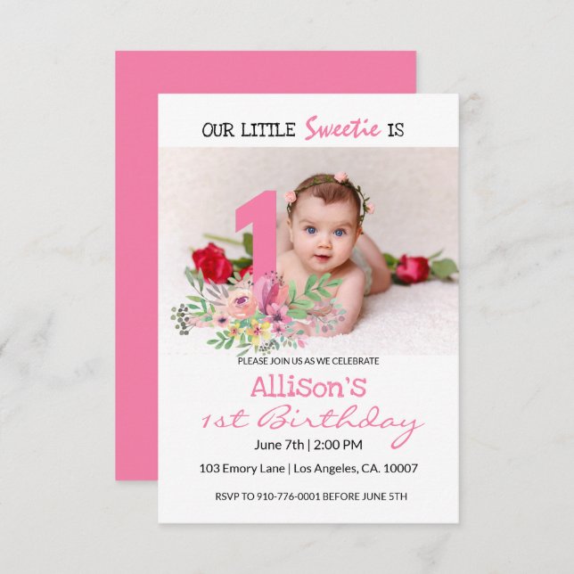 Custom Photo  | Baby's 1st Birthday Party Invitation (Front/Back)