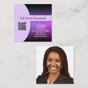 Custom Photo Back Purple Glitter QR Code Front Square Business Card