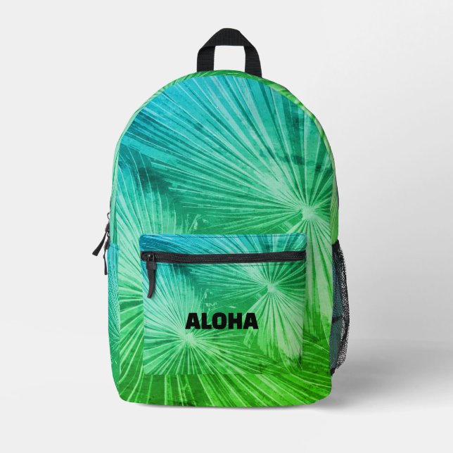 Custom photo backpack with green palm leafs print (Front)