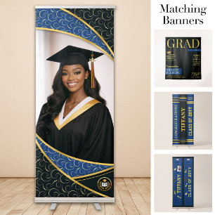 Custom Photo Banner, Blue Black Luxe Graduation Retractable Banner