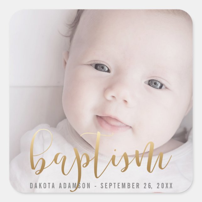 Custom Photo | Baptism Gold Calligraphy Square Sticker (Front)