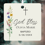 Custom Photo Baptism Wildflower Ceramic Metal Tree Decoration<br><div class="desc">This floral Baptism photo keepsake ornament features wildflowers and a cross with stylish script typography on a soft cream background.
Easily customizable with your details and photo.
Original Watercolor © Michele Davies.</div>