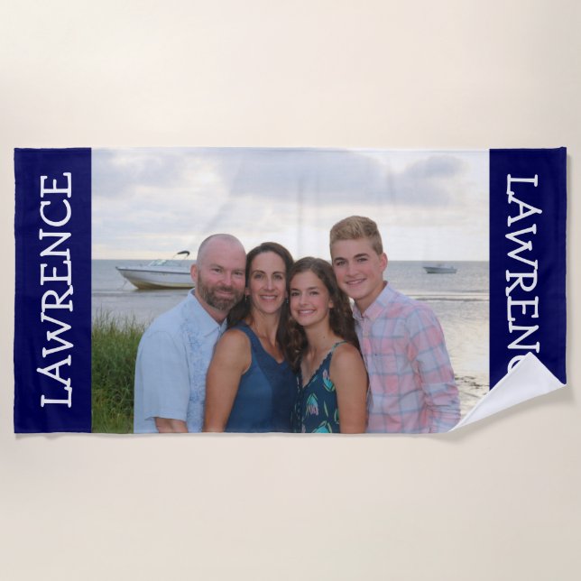 Custom photo beach towel navy - personalised gift (Front)