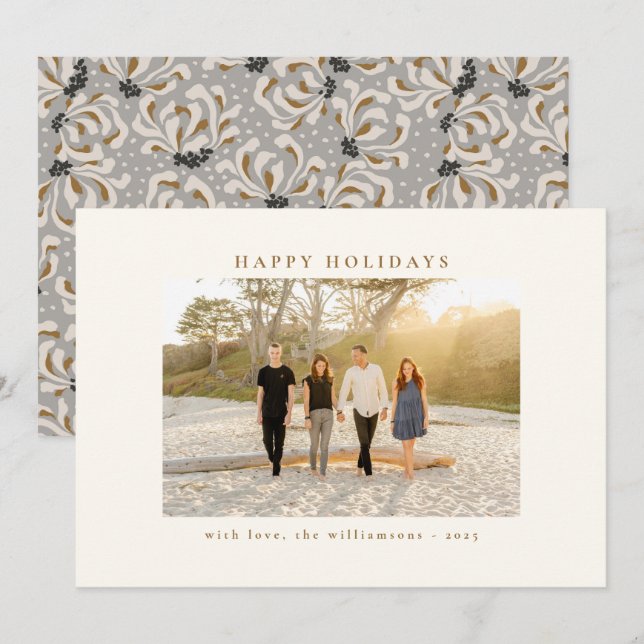 Custom Photo Beautiful Grey Botanical Elegant Holiday Card (Front/Back)