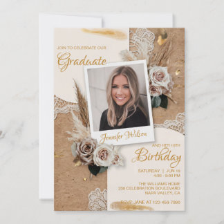  Custom Photo Beige Bohemian Birthday Graduation Invitation