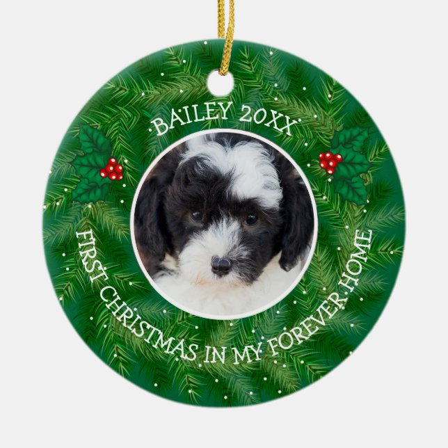 Custom Photo Bernedoodle 1st Christmas Ceramic Tree Decoration (Front)