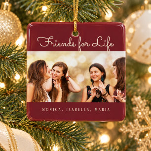 Custom photo best friends for life burgundy cream ceramic ornament