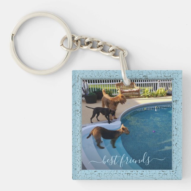 Custom Photo Best Friends Forever Blue Frame Key Ring (Front)