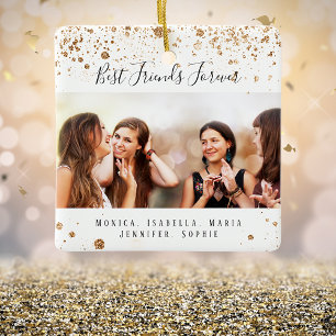 Custom photo best friends forever gold glitter ceramic ornament