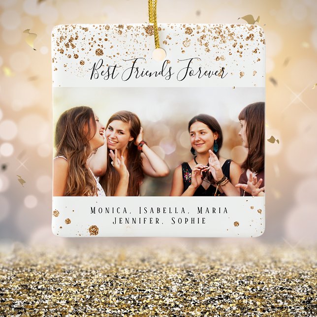 Custom photo best friends forever gold glitter ceramic ornament (Creator Uploaded)