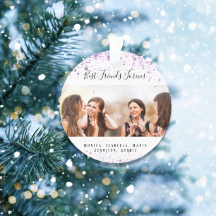 Custom photo best friends forever purple glitter ornament