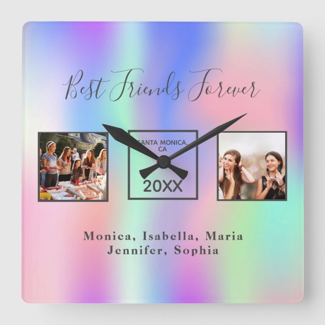 Custom photo best friends forever rainbow pink square wall clock (Front)