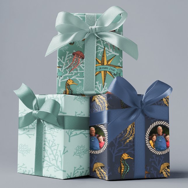 Custom Photo Best Grandpa Ever Sea Life Nautical Wrapping Paper Sheet (Nautical Ocean Animals Hand-drawn Sea Life and Coral in black ink. Upload a photo & cutomize text!
)