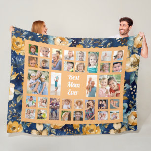 Custom Photo Best Mum Ever Blue Yellow Flowers Fleece Blanket