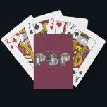 Custom Photo “Best Pop Ever” Burgundy modern Playing Cards<br><div class="desc">Celebrate the world’s best dad or grandpa with this Custom Photo “Best Pop Ever” playing cards. Personalise it with your favourite photos and add a heartfelt message for a unique and practical gift he’ll love. The bold “POP” lettering doubles as a photo collage, making it a thoughtful keepsake he can...</div>