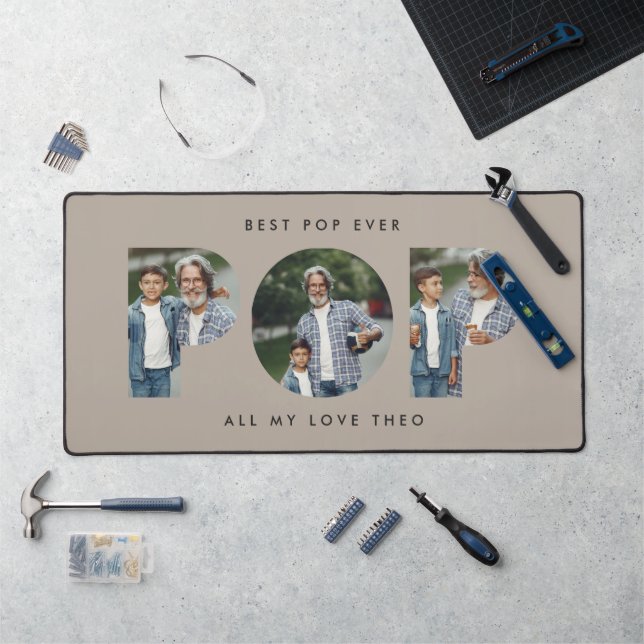 Custom Photo “Best Pop Ever” Navy Beige modern Desk Mat (Workstation)