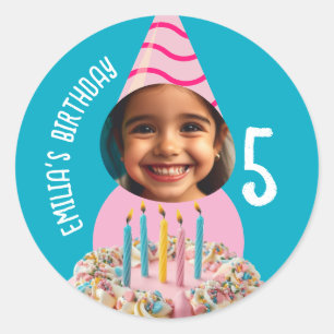 Custom Photo Birthday Any Age Party Hat Cake Classic Round Sticker