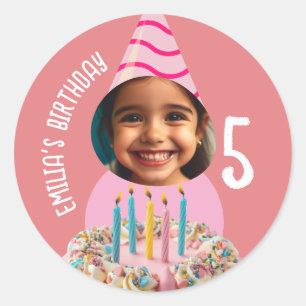 Custom Photo Birthday Any Age Party Hat Cake Classic Round Sticker