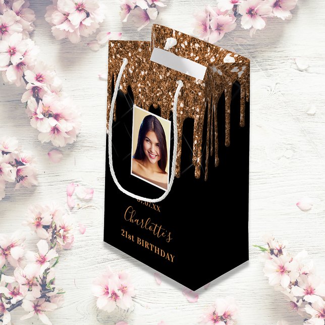 Custom photo birthday black gold glitter drips small gift bag (Creator Uploaded)