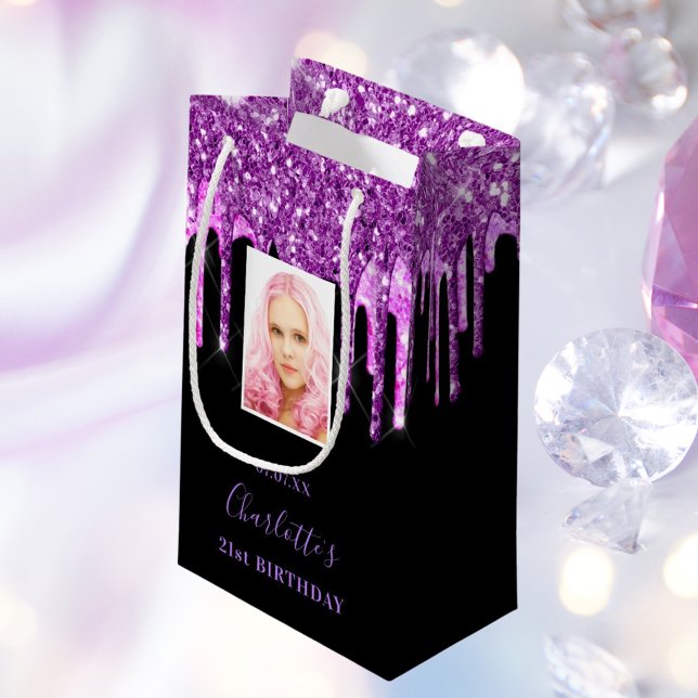 Custom photo birthday black purple glitter drips small gift bag (Creator Uploaded)