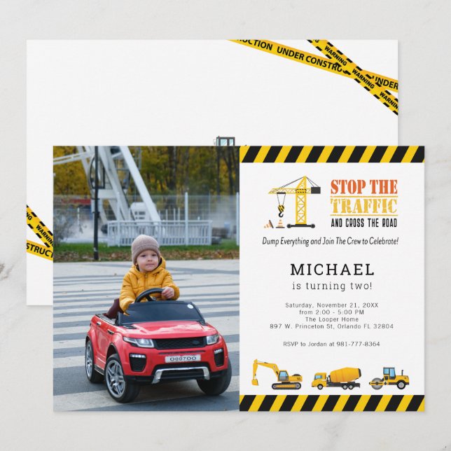 Custom Photo Birthday Construction Dump Truck Invitation (Front/Back)