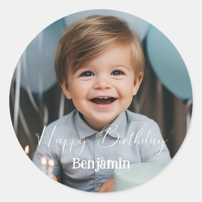 Custom photo birthday modern simple classic round sticker (Front)