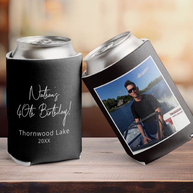 Custom Photo Birthday Party Favour Personalised Pi Can Cooler (a black birthday can cooler with a photo on it, other side shows custom text in a script font )