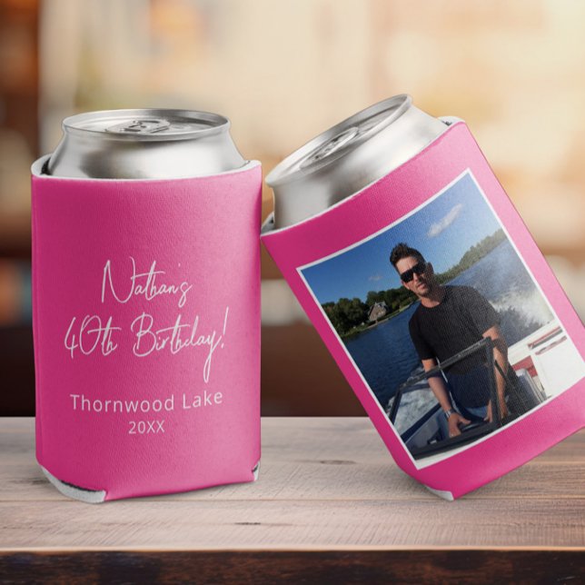 Custom Photo Birthday Party Favour Personalised Pi Can Cooler (a pink birthday can cooler with a photo on it, other side shows custom text in a script font )