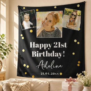 Custom Photo Birthday Party Modern Gold Backdrop Tapestry