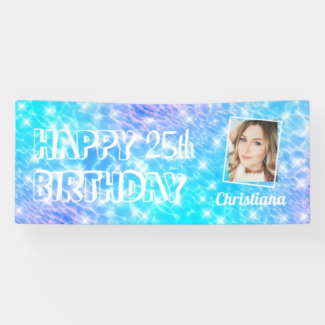 Custom photo Birthday pool party blue water ripple Banner (Horizontal)