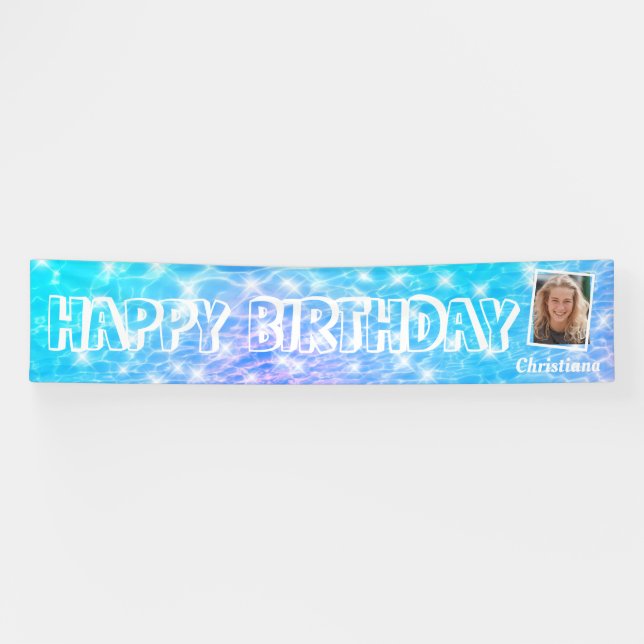 Custom photo Birthday pool party Pool water ripple Banner (Horizontal)