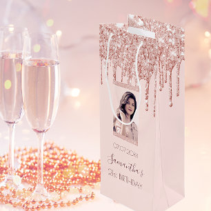 Custom photo birthday rose gold pink drips wine gift bag