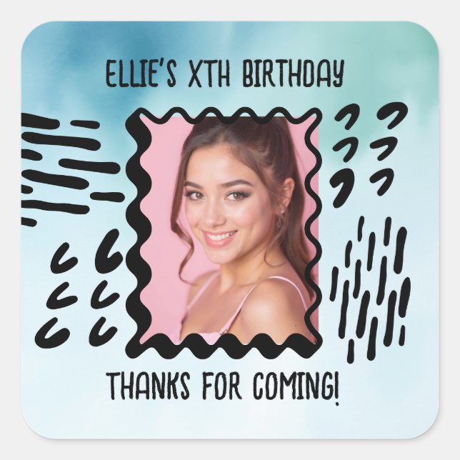 Custom Photo Birthday Sketchy Doodle Watercolor Square Sticker (Front)
