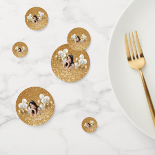 Custom Photo Birthday Table Confetti Gold & White