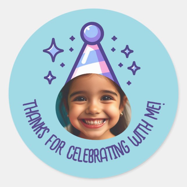 Custom Photo Birthday Thanks Party Hat Favours Classic Round Sticker (Front)