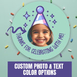 Custom Photo Birthday Thanks Party Hat Favours Classic Round Sticker<br><div class="desc">These festive stickers make the perfect party favours or thank you expressions for celebrating birthdays. Personalise with the birthday kid's photo and name. You can also change the colours of the text.</div>