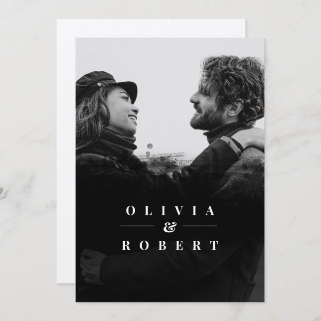 Custom Photo Black Abstract Silver Wedding Invitation (Front/Back)