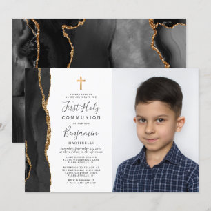 Custom Photo Black Agate Gold First Communion Invitation